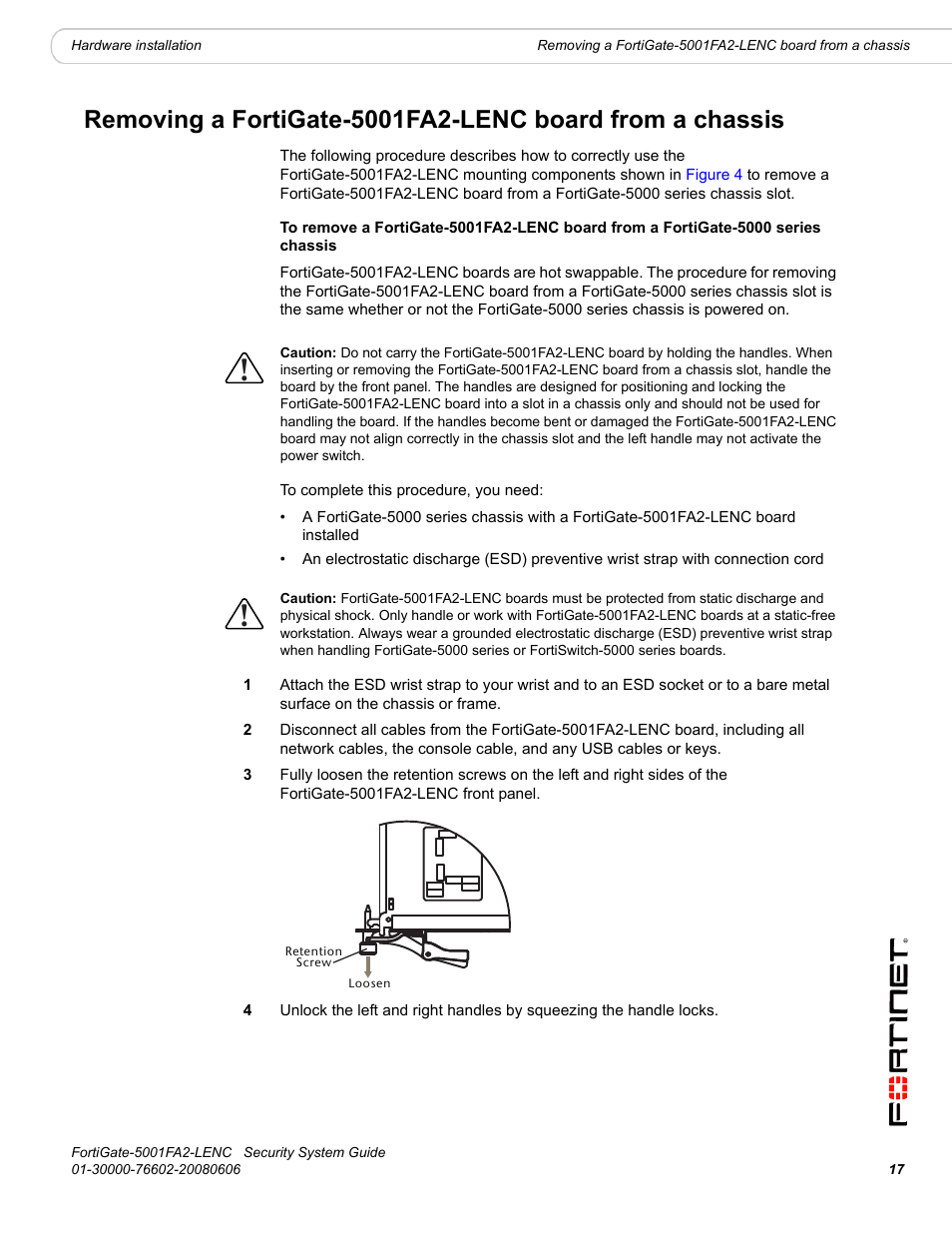 Removing a fortigate-5001fa2-lenc board from | Fortinet FortiGate 5001FA2-LENC User Manual | Page 17 / 34