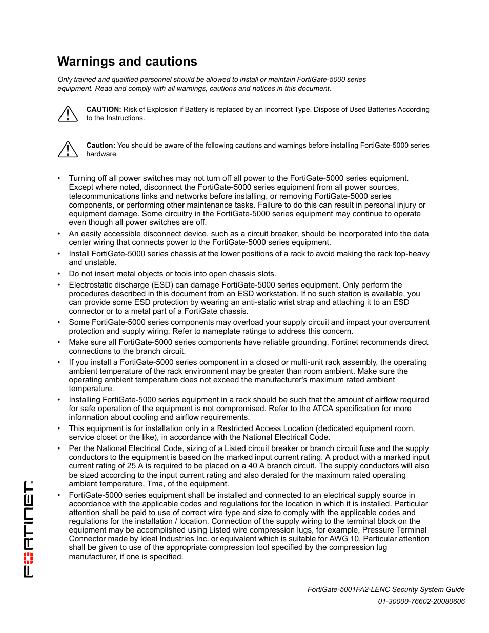 Warnings and cautions | Fortinet FortiGate 5001FA2-LENC User Manual | Page 2 / 34