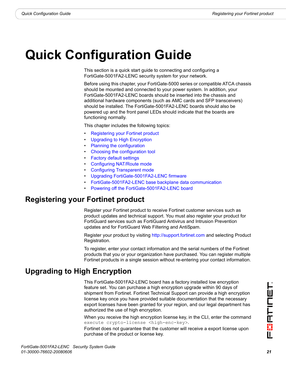 Quick configuration guide, Registering your fortinet product, Upgrading to high encryption | Fortinet FortiGate 5001FA2-LENC User Manual | Page 21 / 34