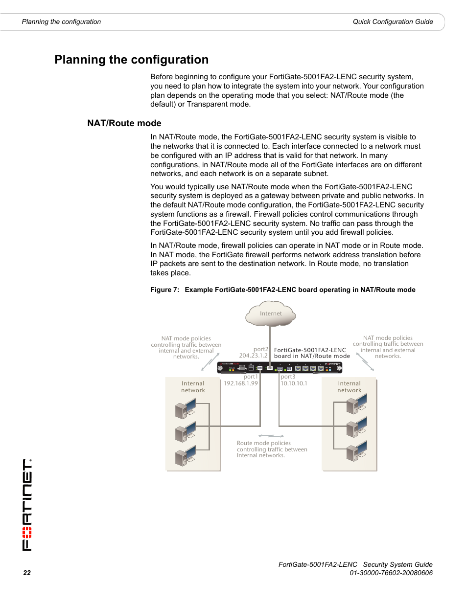 Planning the configuration, Nat/route mode | Fortinet FortiGate 5001FA2-LENC User Manual | Page 22 / 34