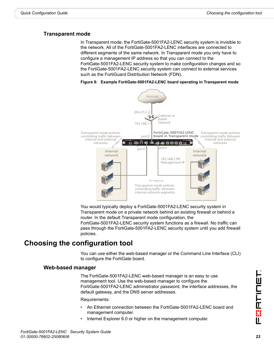 Transparent mode, Choosing the configuration tool, Web-based manager | Fortinet FortiGate 5001FA2-LENC User Manual | Page 23 / 34