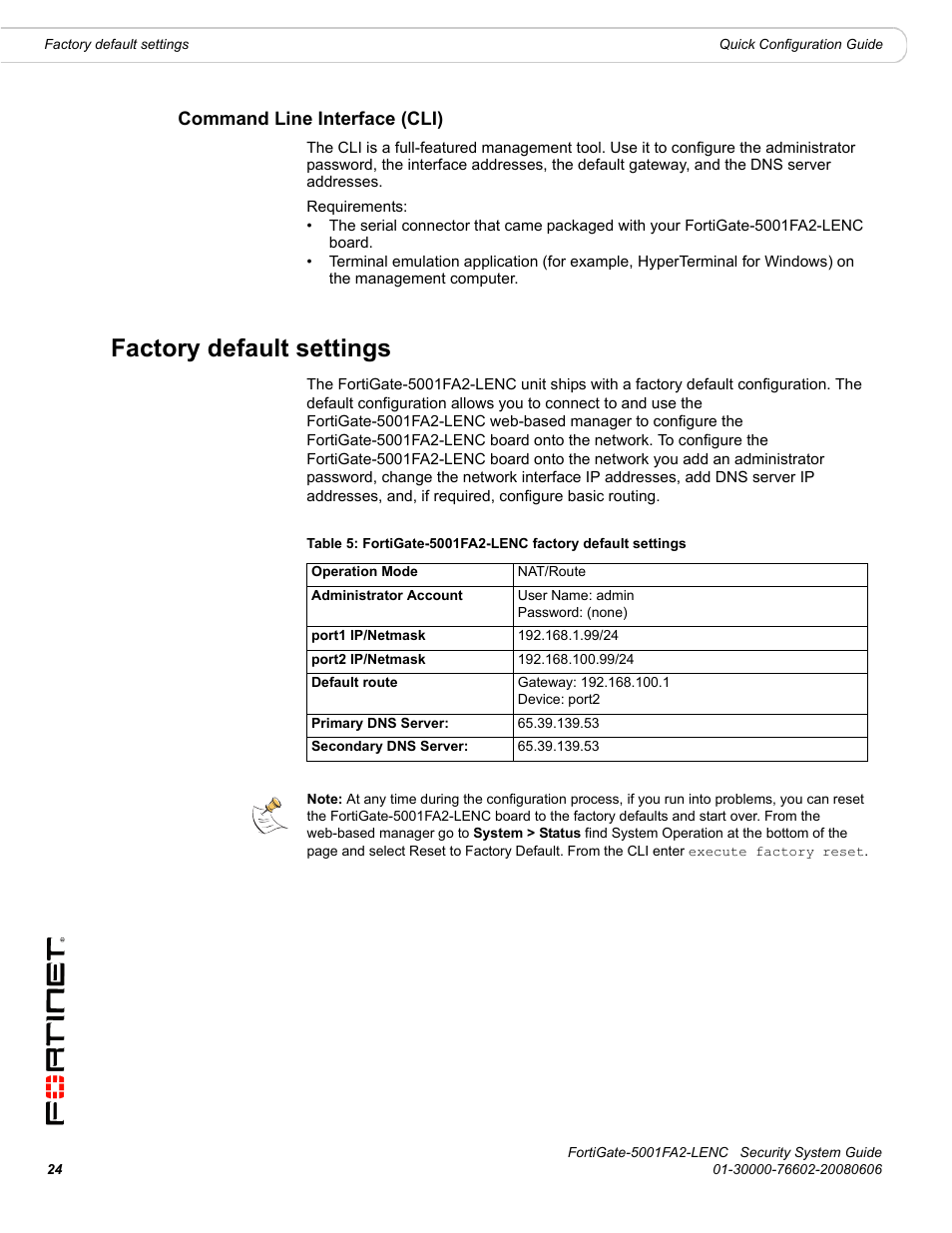 Command line interface (cli), Factory default settings | Fortinet FortiGate 5001FA2-LENC User Manual | Page 24 / 34