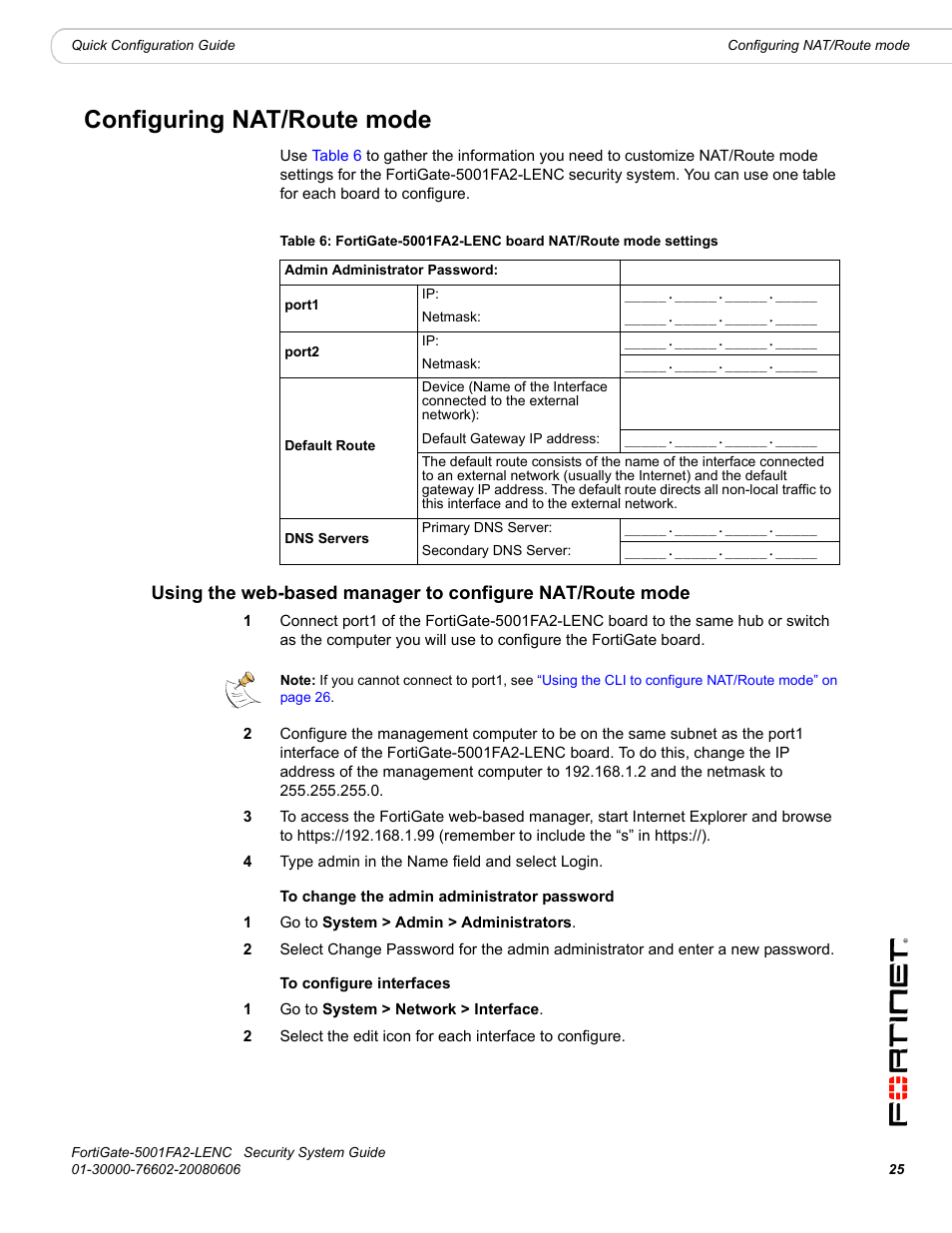 Configuring nat/route mode | Fortinet FortiGate 5001FA2-LENC User Manual | Page 25 / 34