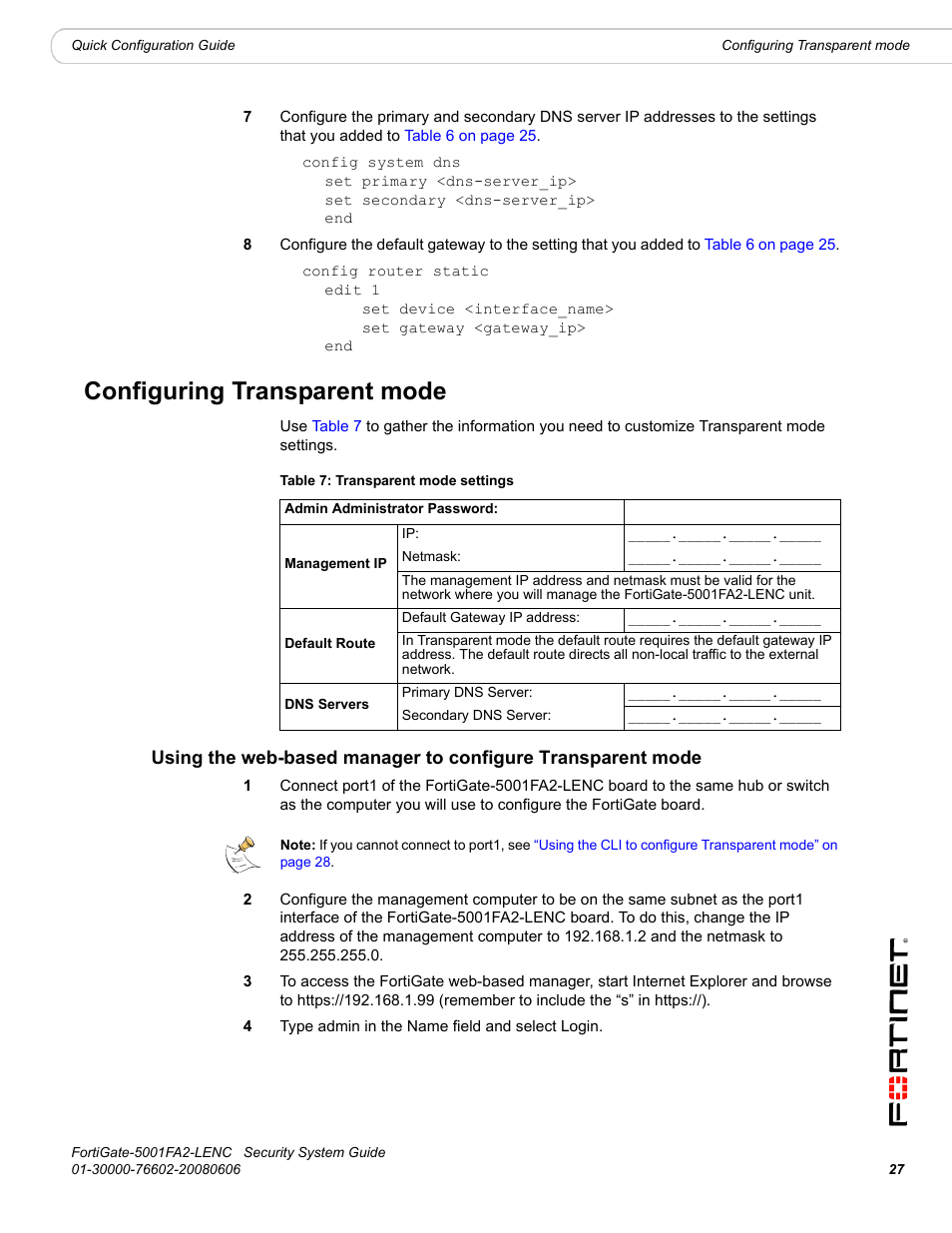 Configuring transparent mode | Fortinet FortiGate 5001FA2-LENC User Manual | Page 27 / 34