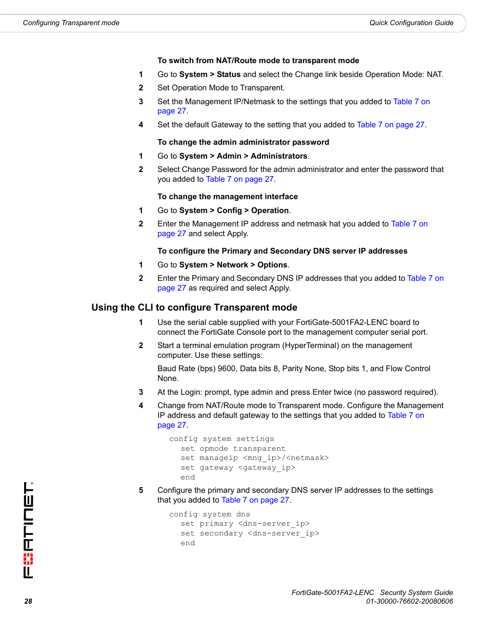 Using the cli to configure transparent mode | Fortinet FortiGate 5001FA2-LENC User Manual | Page 28 / 34