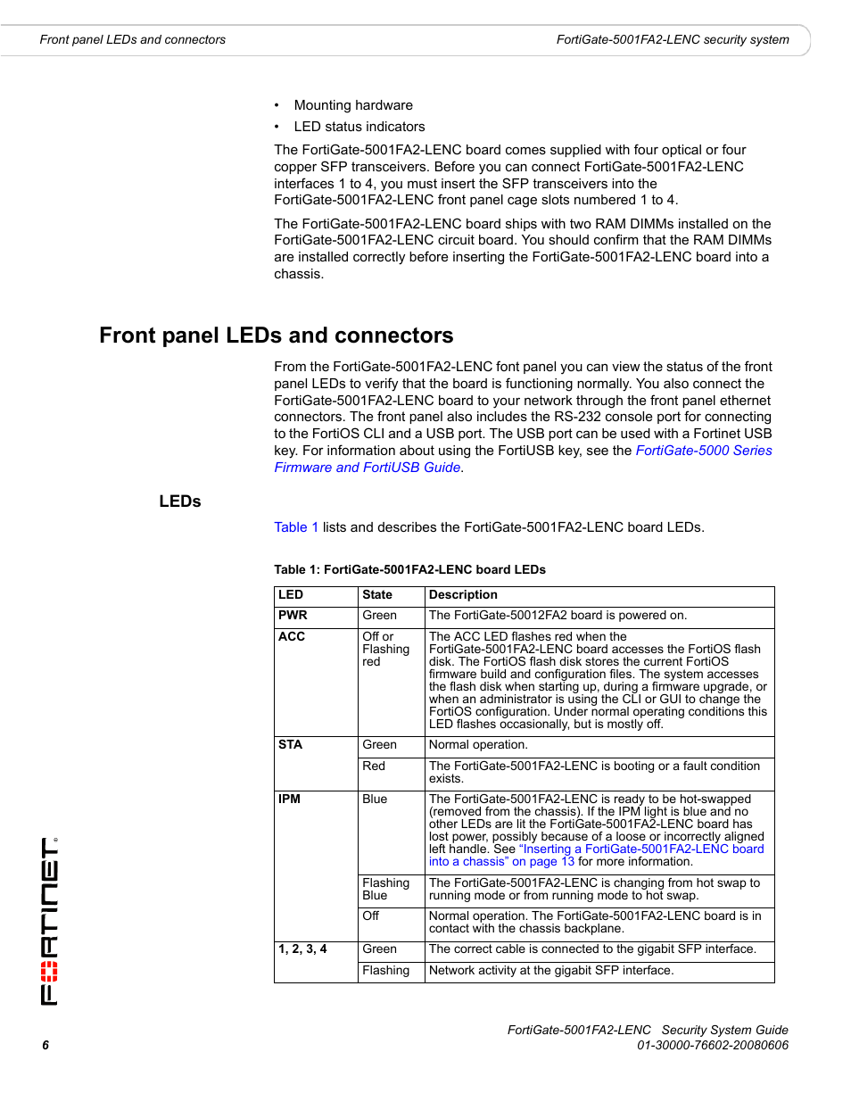 Front panel leds and connectors, Leds | Fortinet FortiGate 5001FA2-LENC User Manual | Page 6 / 34