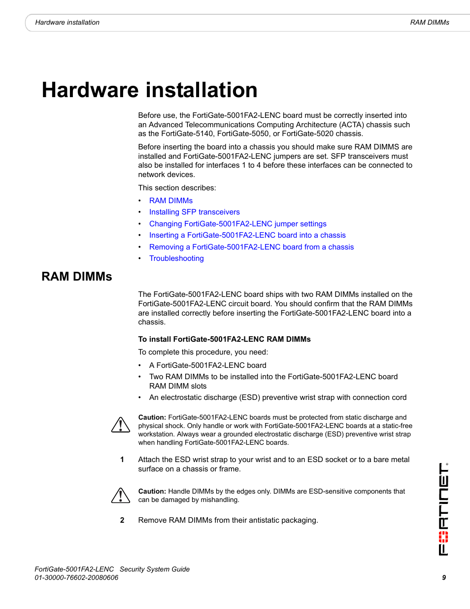 Hardware installation, Ram dimms | Fortinet FortiGate 5001FA2-LENC User Manual | Page 9 / 34