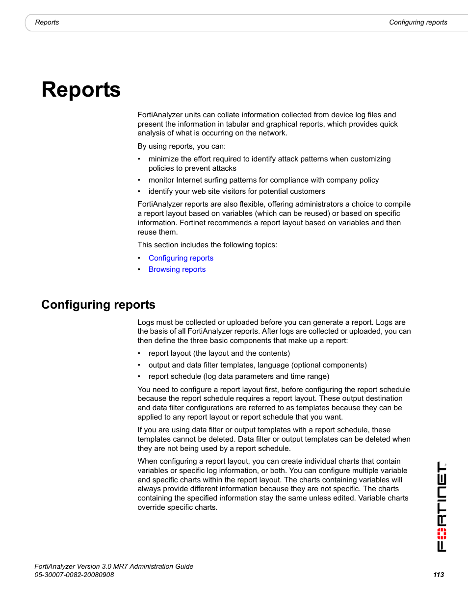 Reports, Configuring reports | Fortinet FortiAnalyzer 3.0 MR7 User Manual | Page 117 / 234