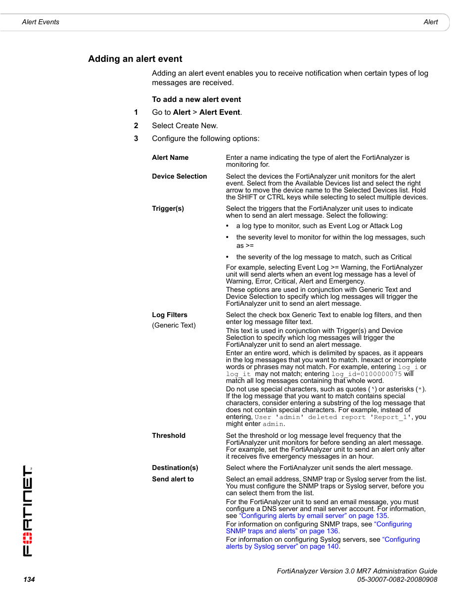 Adding an alert event | Fortinet FortiAnalyzer 3.0 MR7 User Manual | Page 142 / 234