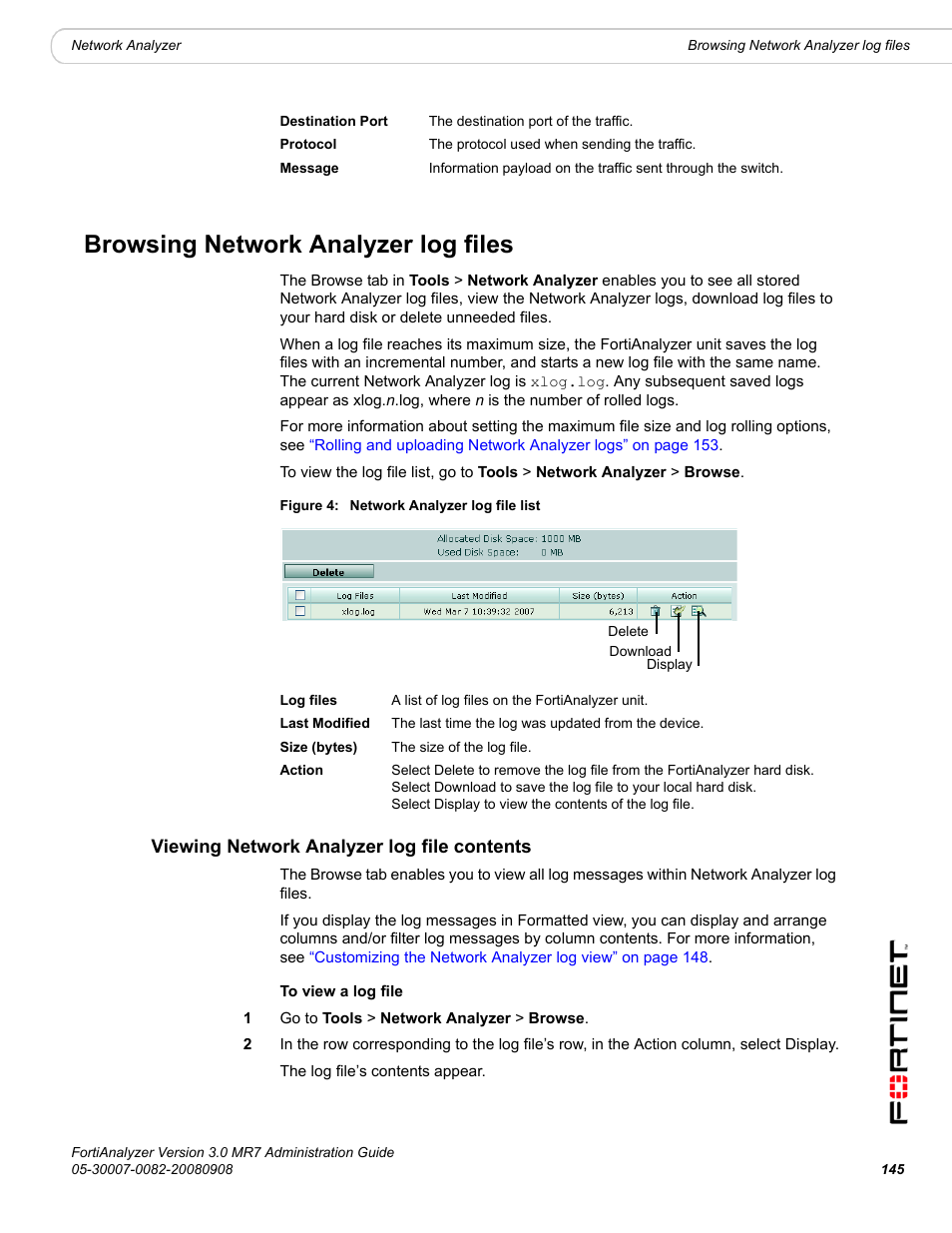 Browsing network analyzer log files, Viewing network analyzer log file contents | Fortinet FortiAnalyzer 3.0 MR7 User Manual | Page 155 / 234