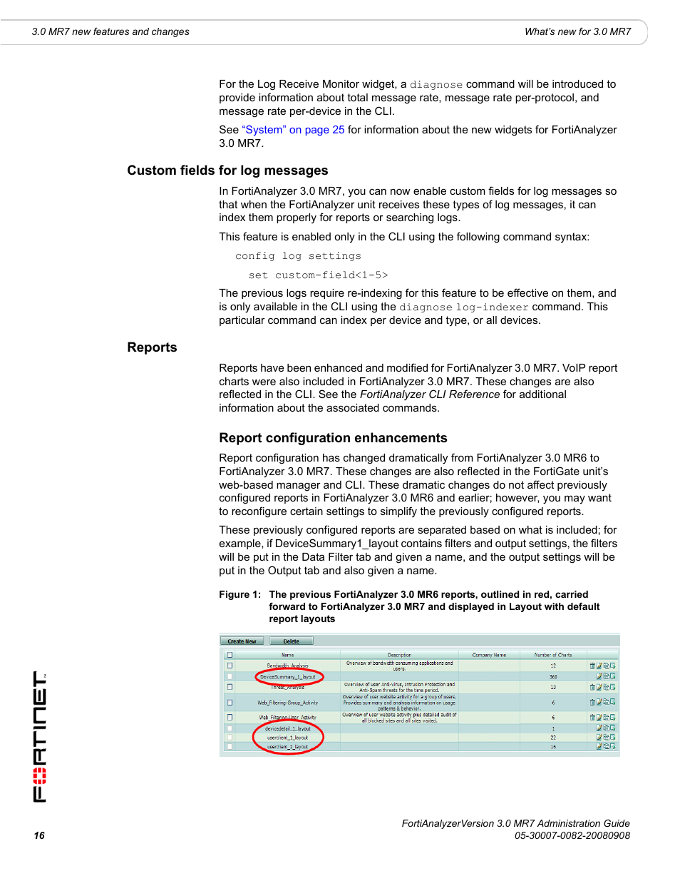 Custom fields for log messages, Reports, Report configuration enhancements | Custom fields for log messages reports, Custom | Fortinet FortiAnalyzer 3.0 MR7 User Manual | Page 16 / 234