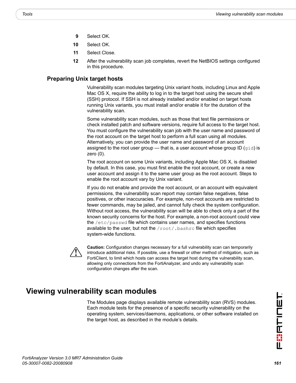 Preparing unix target hosts, Viewing vulnerability scan modules | Fortinet FortiAnalyzer 3.0 MR7 User Manual | Page 171 / 234