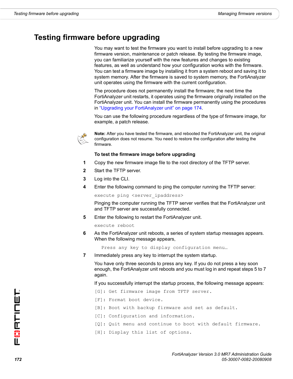Testing firmware before upgrading, Testing firmware before | Fortinet FortiAnalyzer 3.0 MR7 User Manual | Page 184 / 234