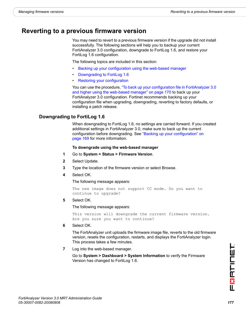 Reverting to a previous firmware version, Downgrading to fortilog 1.6 | Fortinet FortiAnalyzer 3.0 MR7 User Manual | Page 189 / 234