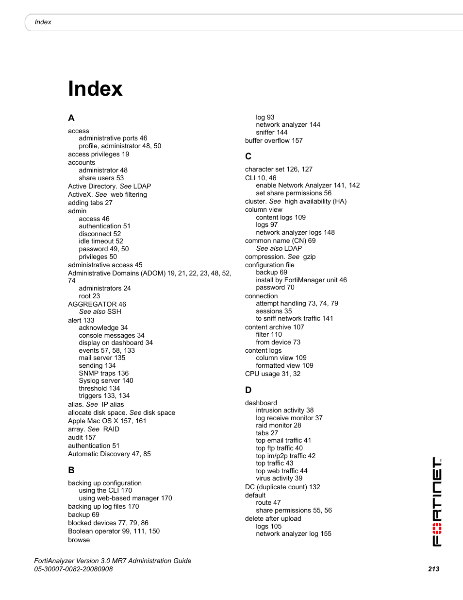 Index | Fortinet FortiAnalyzer 3.0 MR7 User Manual | Page 225 / 234