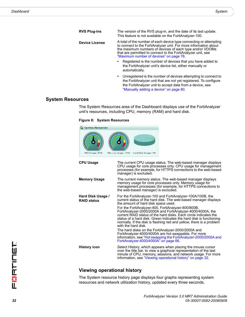 System resources, Viewing operational history | Fortinet FortiAnalyzer 3.0 MR7 User Manual | Page 32 / 234