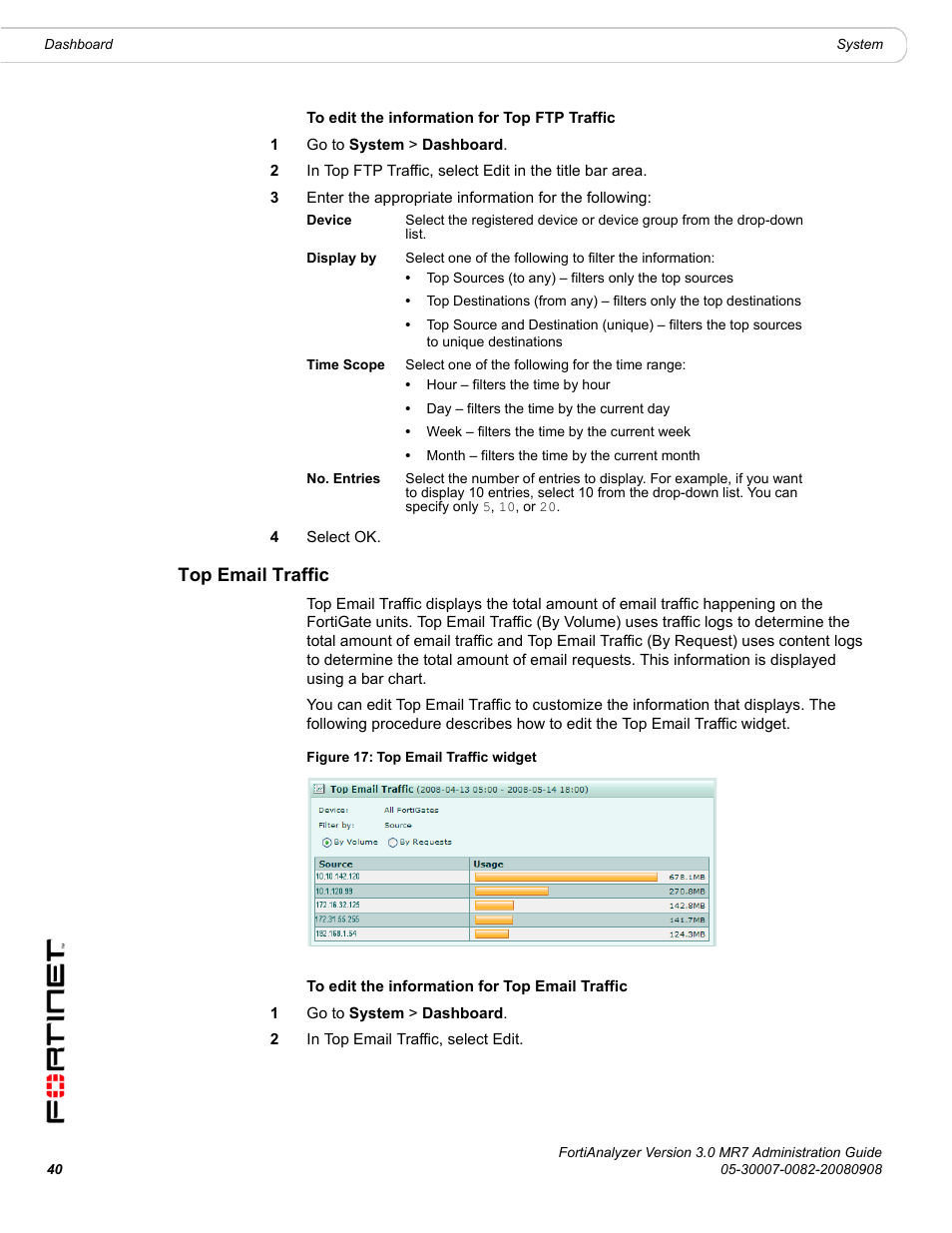Top email traffic | Fortinet FortiAnalyzer 3.0 MR7 User Manual | Page 40 / 234