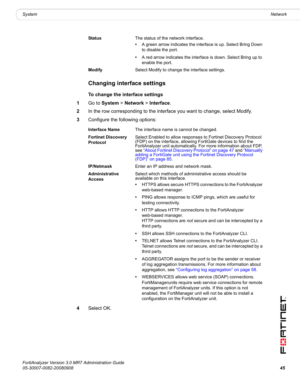 Changing interface settings, Administrative access” on | Fortinet FortiAnalyzer 3.0 MR7 User Manual | Page 45 / 234