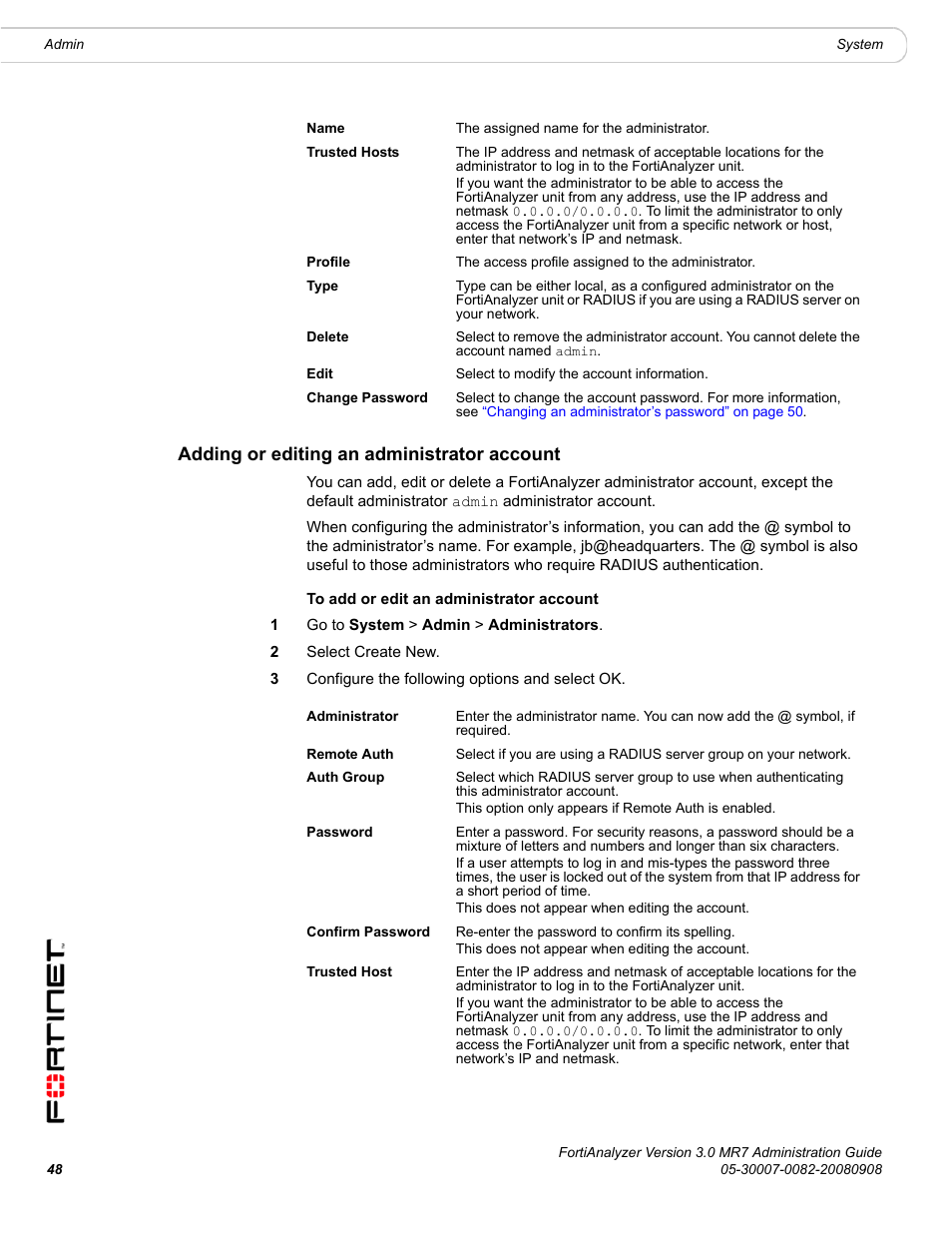 Adding or editing an administrator account, Adding or editing an | Fortinet FortiAnalyzer 3.0 MR7 User Manual | Page 48 / 234