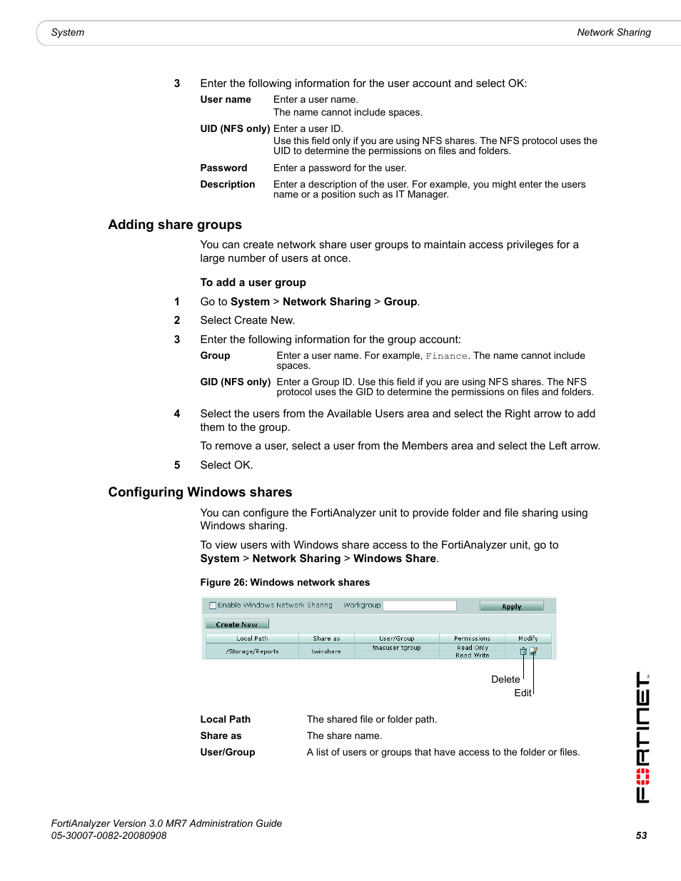 Adding share groups, Configuring windows shares, Adding share groups configuring windows shares | Fortinet FortiAnalyzer 3.0 MR7 User Manual | Page 53 / 234