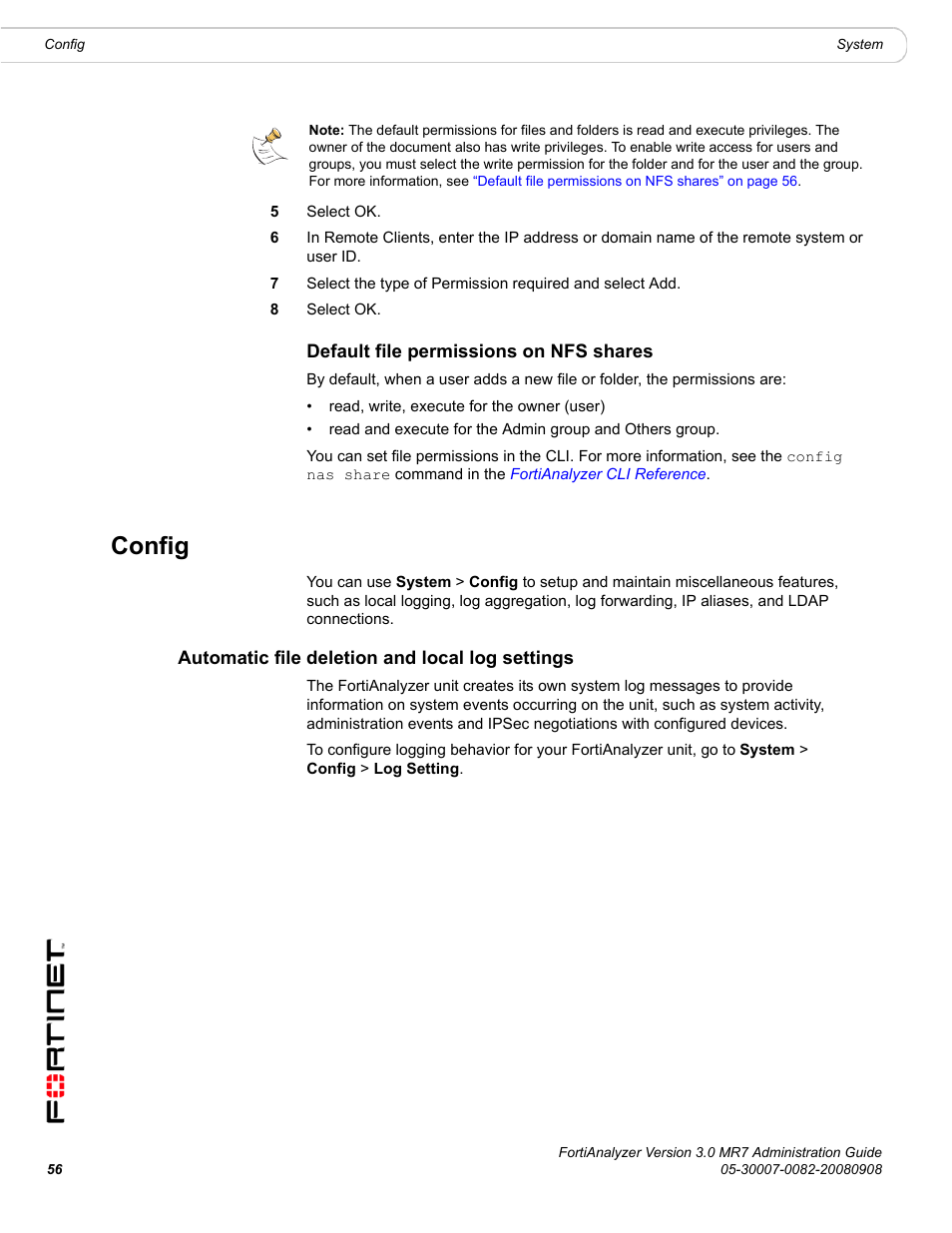Default file permissions on nfs shares, Config, Automatic file deletion and local log settings | Fortinet FortiAnalyzer 3.0 MR7 User Manual | Page 56 / 234