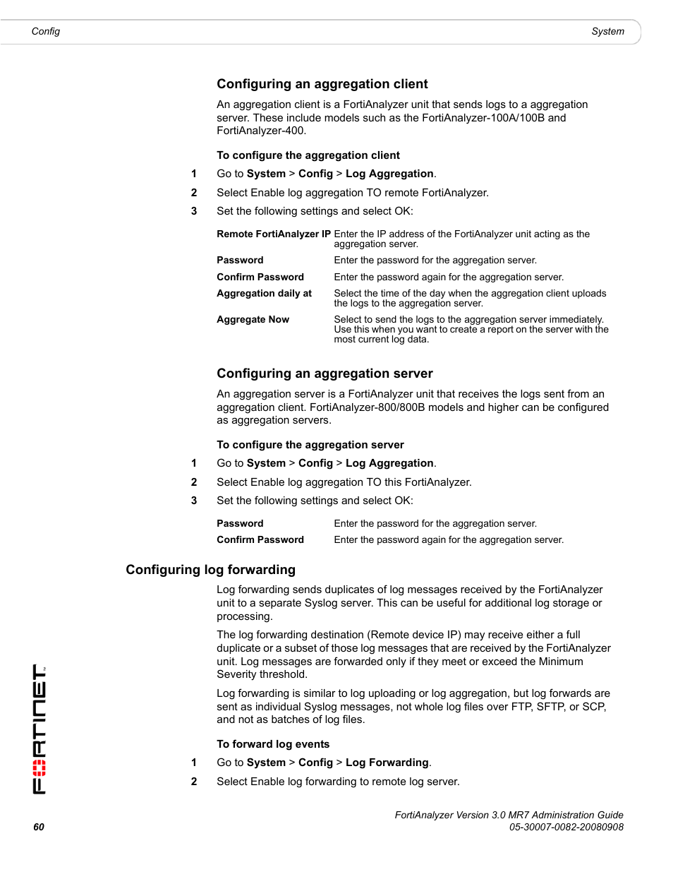 Configuring an aggregation client, Configuring an aggregation server, Configuring log forwarding | Fortinet FortiAnalyzer 3.0 MR7 User Manual | Page 60 / 234