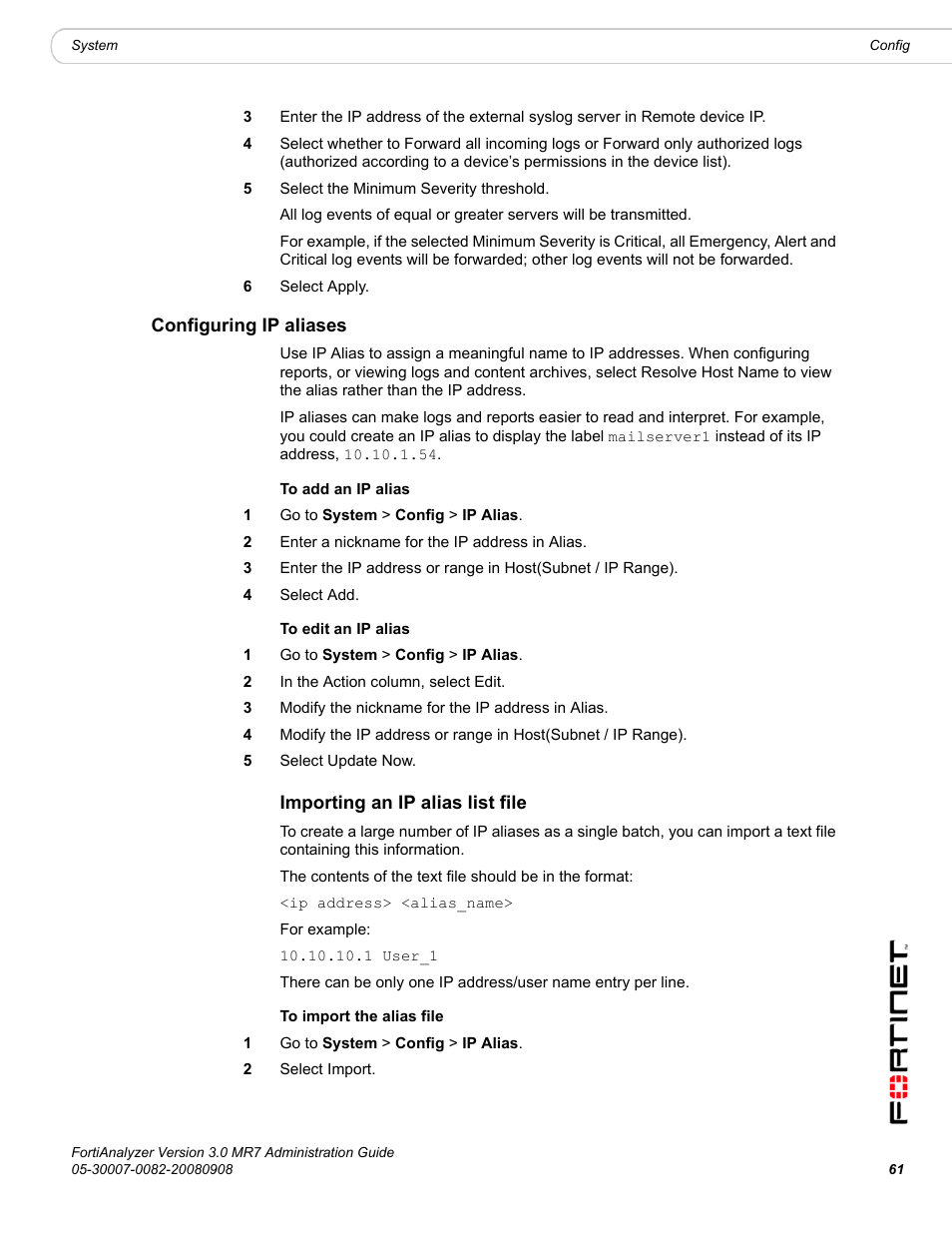 Configuring ip aliases, Importing an ip alias list file | Fortinet FortiAnalyzer 3.0 MR7 User Manual | Page 61 / 234