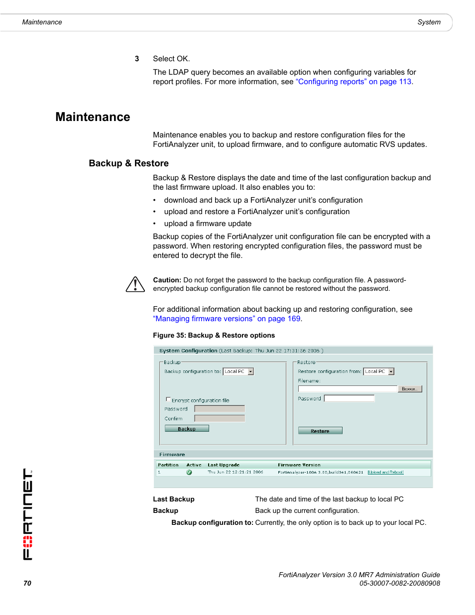 Maintenance, Backup & restore, Backup | Fortinet FortiAnalyzer 3.0 MR7 User Manual | Page 70 / 234