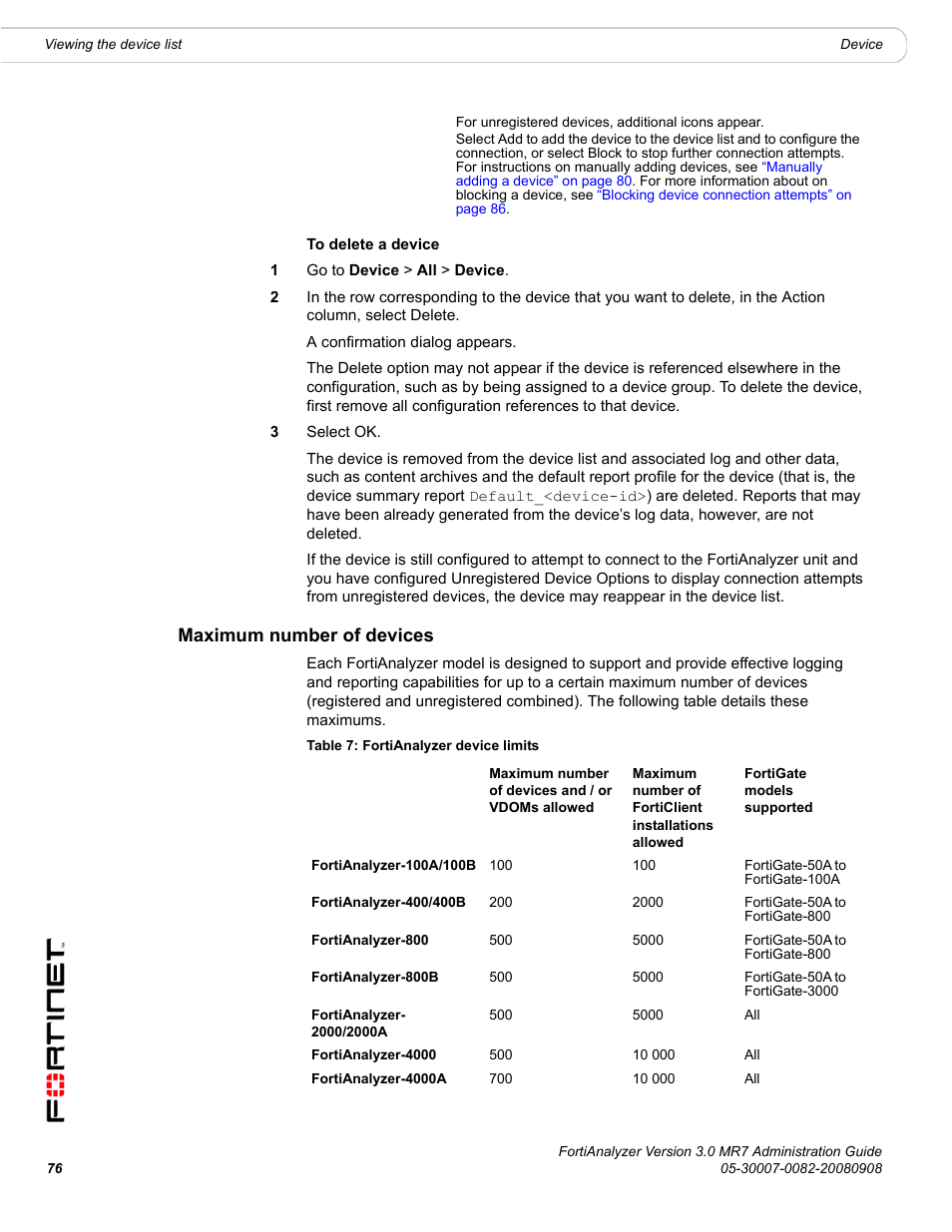 Maximum number of devices, For mo, Maximum | Fortinet FortiAnalyzer 3.0 MR7 User Manual | Page 78 / 234