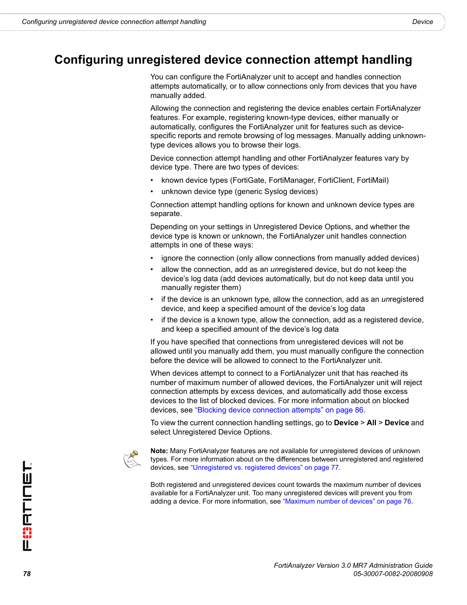 Configuring unregistered device, Configuring, Configuring unregistered device connection | Fortinet FortiAnalyzer 3.0 MR7 User Manual | Page 80 / 234
