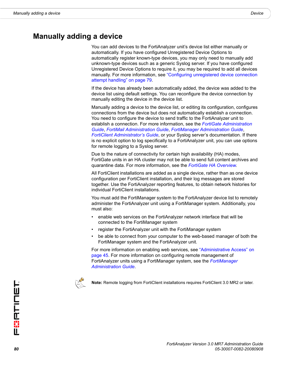 Manually adding a device, Manually, Manually adding a | Fortinet FortiAnalyzer 3.0 MR7 User Manual | Page 82 / 234