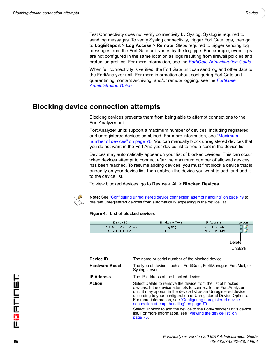 Blocking device connection attempts, Blocking device connection attempts” on | Fortinet FortiAnalyzer 3.0 MR7 User Manual | Page 88 / 234