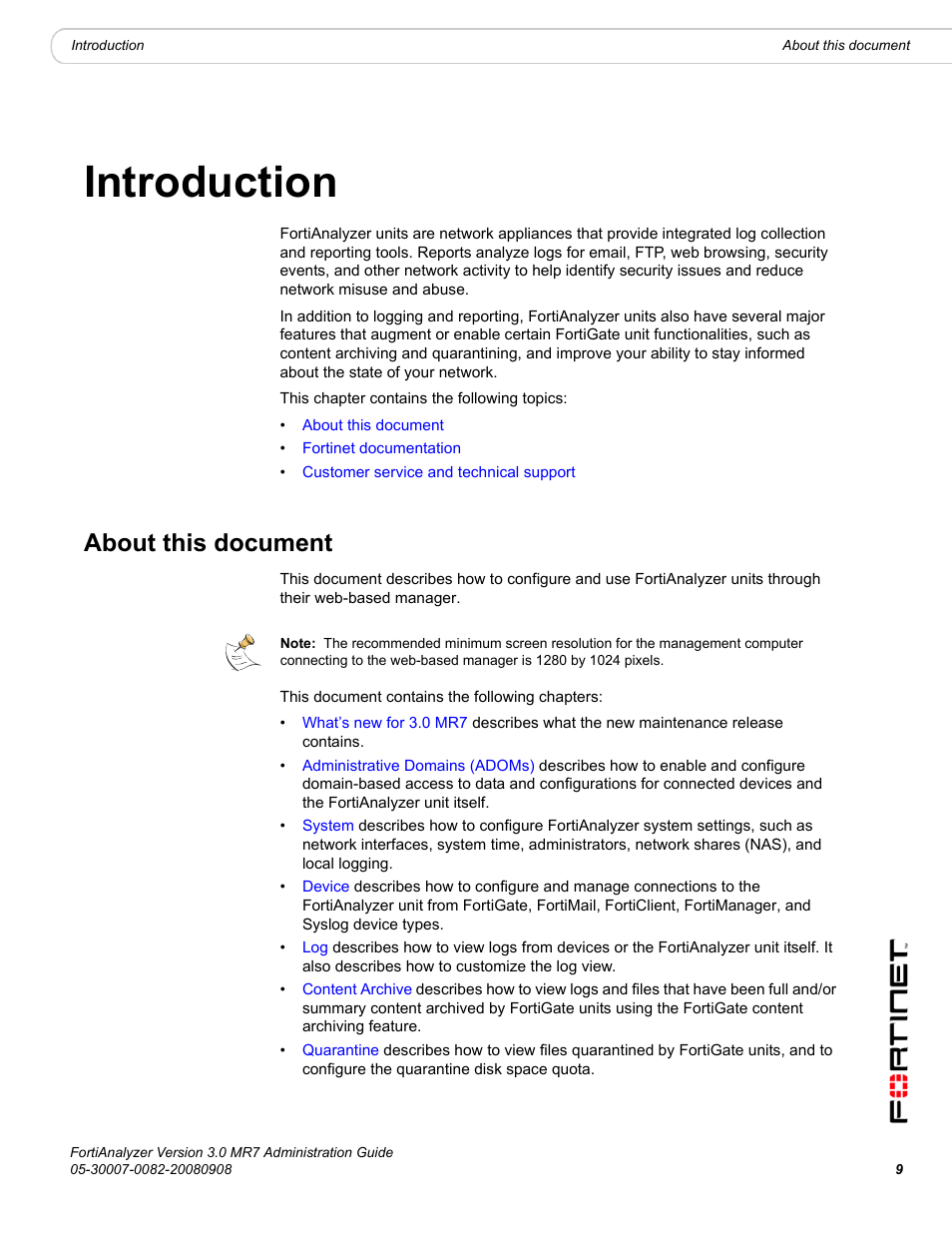 Introduction, About this document | Fortinet FortiAnalyzer 3.0 MR7 User Manual | Page 9 / 234