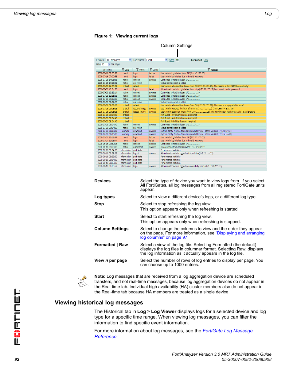 Viewing historical log messages | Fortinet FortiAnalyzer 3.0 MR7 User Manual | Page 92 / 234