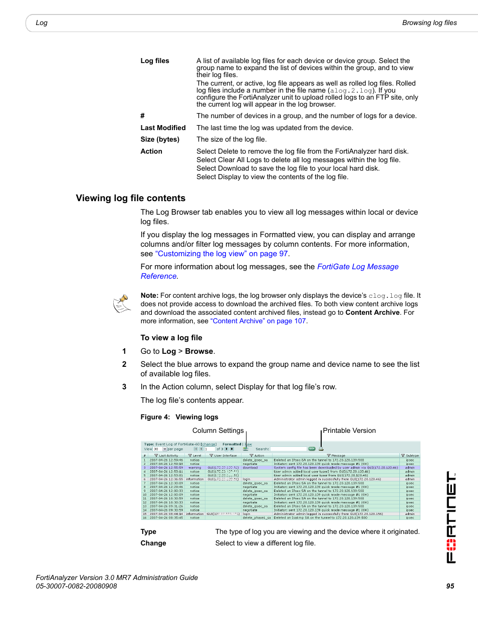 Viewing log file contents | Fortinet FortiAnalyzer 3.0 MR7 User Manual | Page 95 / 234