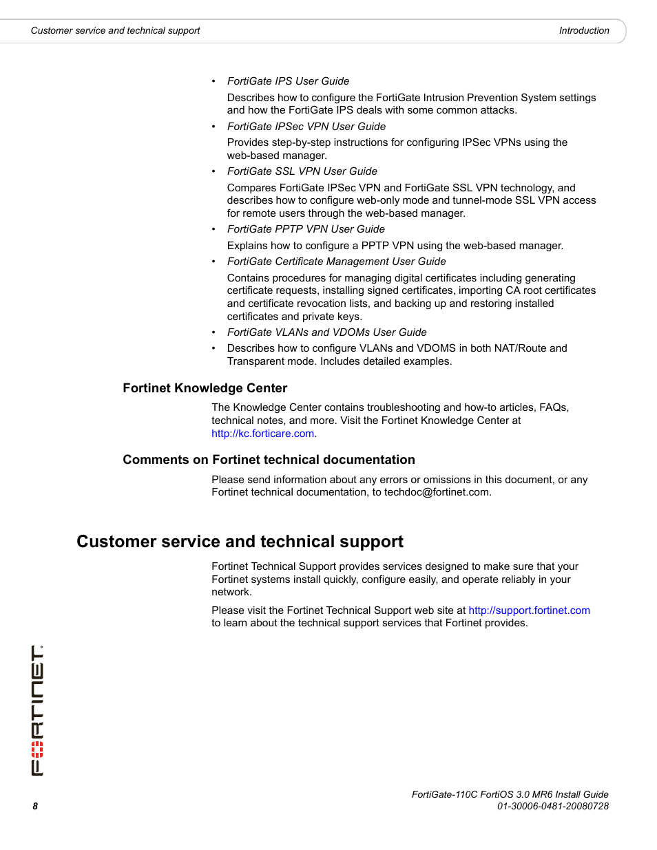 Fortinet knowledge center, Comments on fortinet technical documentation, Customer service and technical support | Fortinet FortiGate 110C User Manual | Page 10 / 56