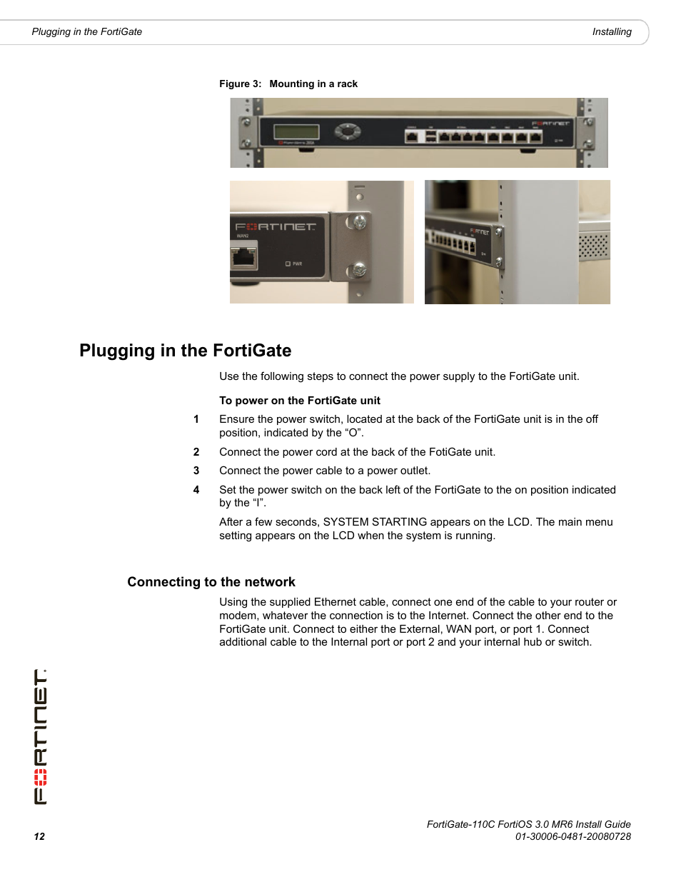 Plugging in the fortigate, Connecting to the network | Fortinet FortiGate 110C User Manual | Page 14 / 56