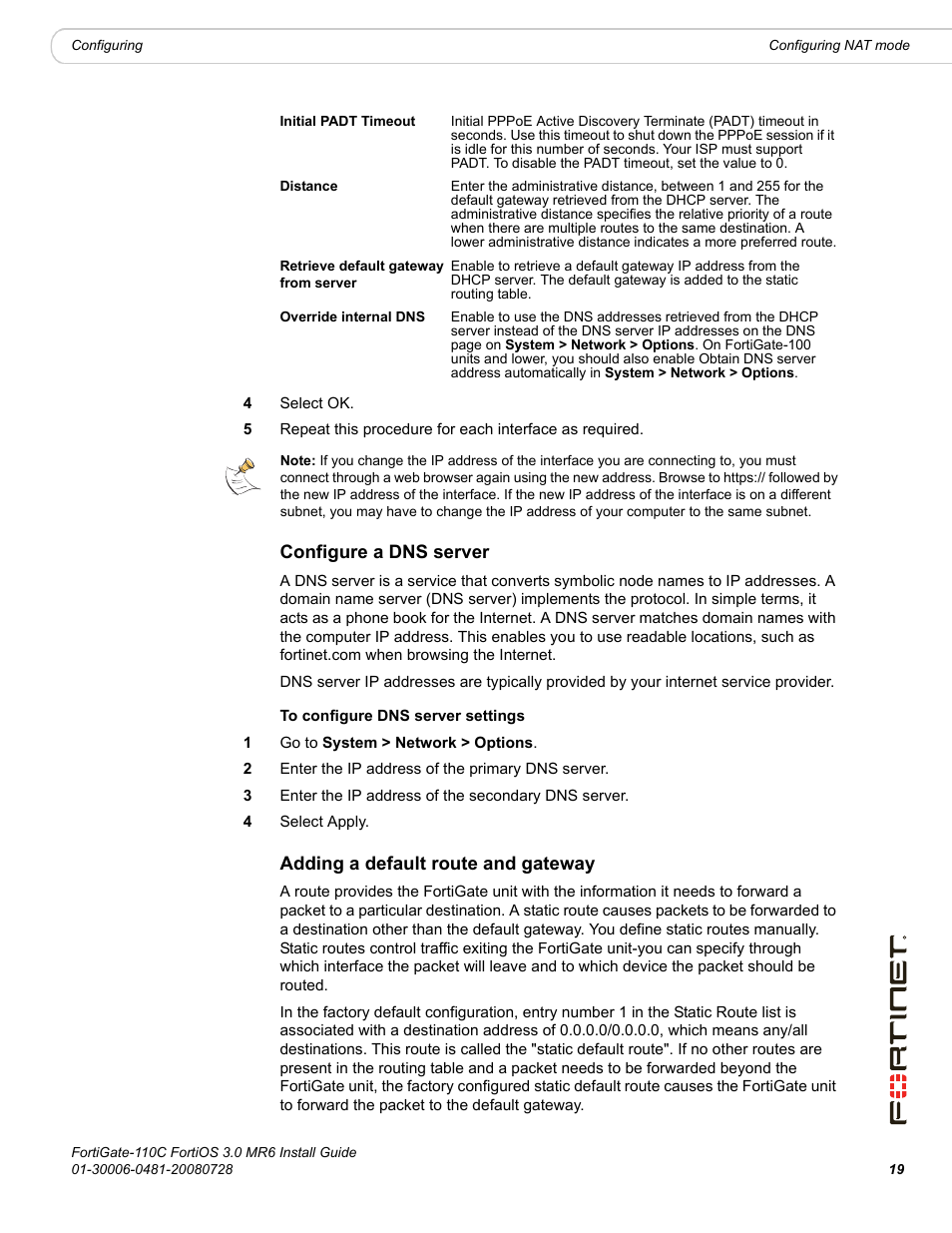 Configure a dns server, Adding a default route and gateway | Fortinet FortiGate 110C User Manual | Page 21 / 56