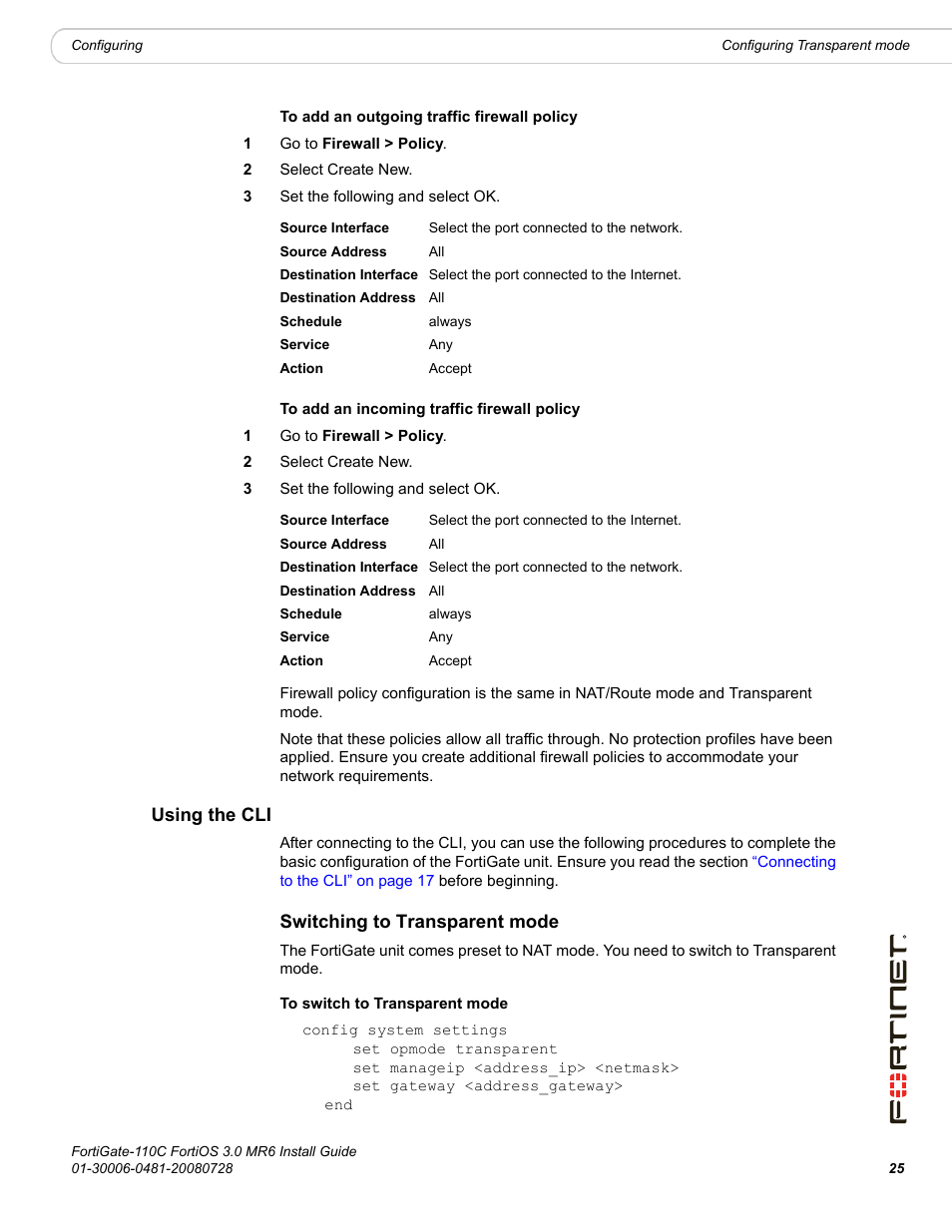 Using the cli, Switching to transparent mode | Fortinet FortiGate 110C User Manual | Page 27 / 56