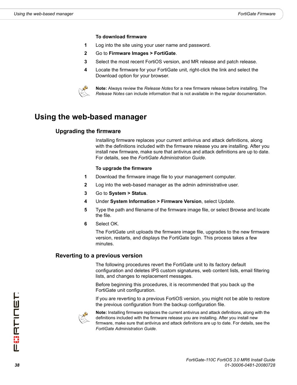 Using the web-based manager, Upgrading the firmware, Reverting to a previous version | Fortinet FortiGate 110C User Manual | Page 40 / 56