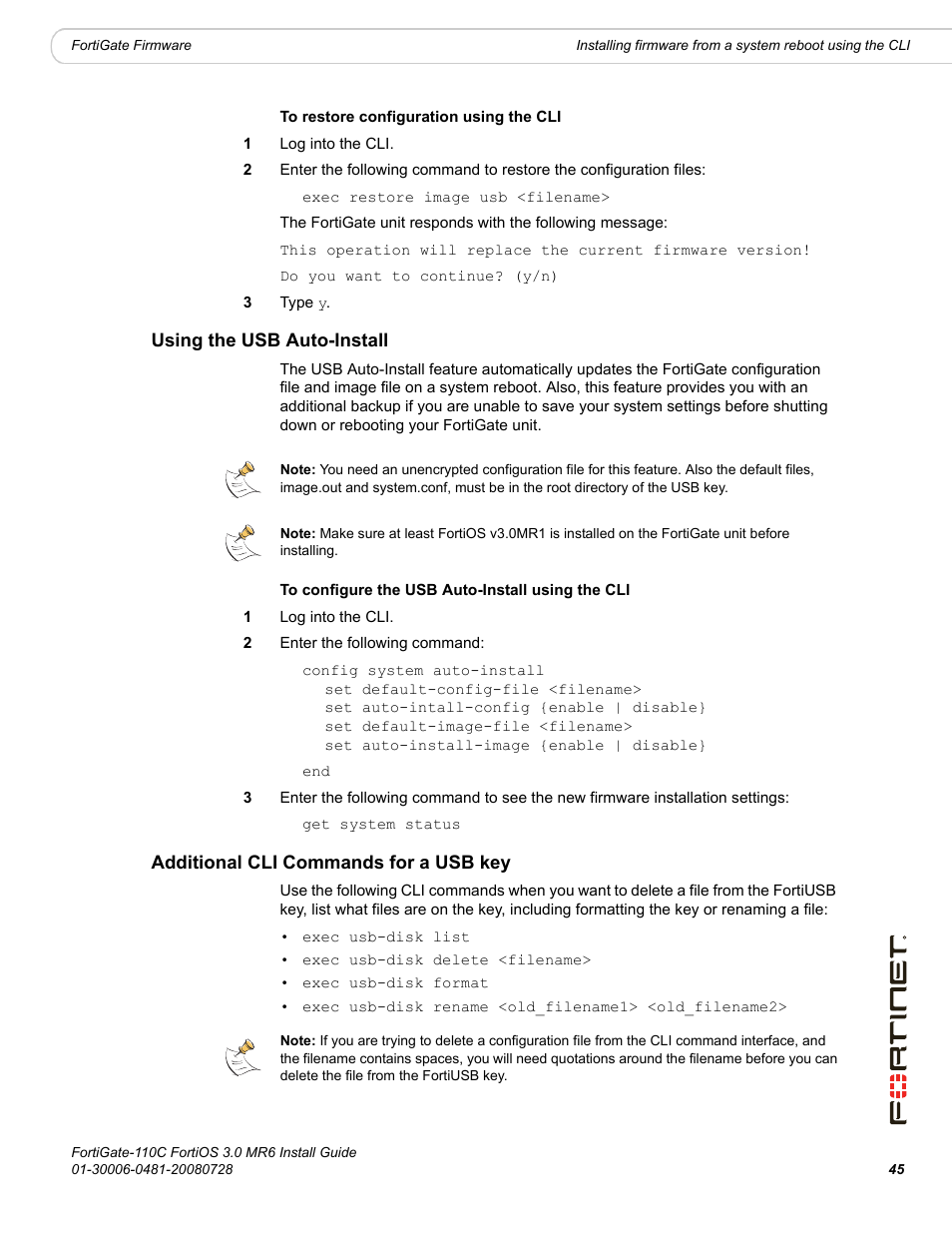 Using the usb auto-install, Additional cli commands for a usb key | Fortinet FortiGate 110C User Manual | Page 47 / 56