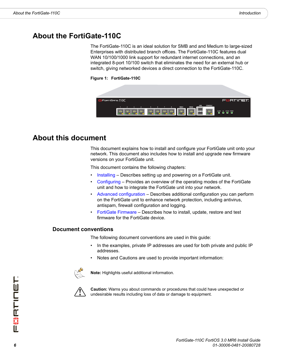 About the fortigate-110c, About this document, Document conventions | Fortinet FortiGate 110C User Manual | Page 8 / 56