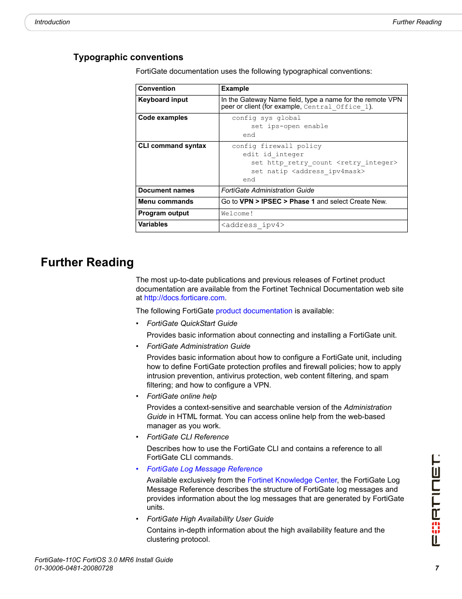 Typographic conventions, Further reading | Fortinet FortiGate 110C User Manual | Page 9 / 56