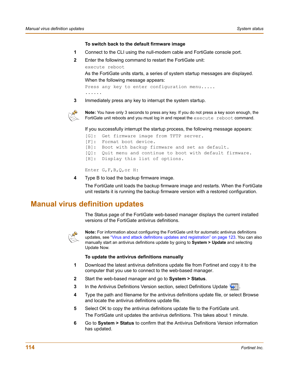 Manual virus definition updates | Fortinet FortiGate 4000 User Manual | Page 114 / 332