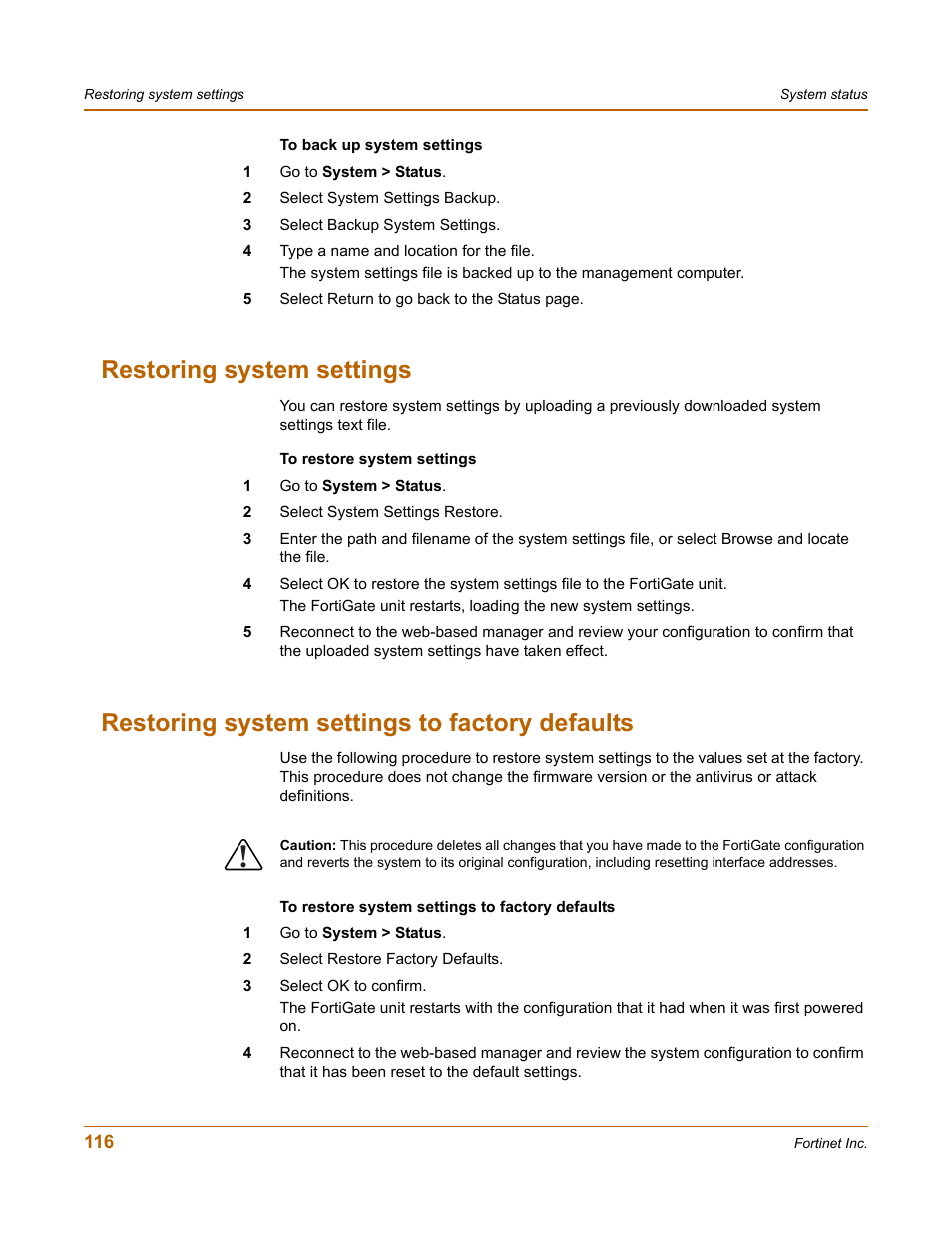 Restoring system settings, Restoring system settings to factory defaults, Restoring system settings” on | Fortinet FortiGate 4000 User Manual | Page 116 / 332