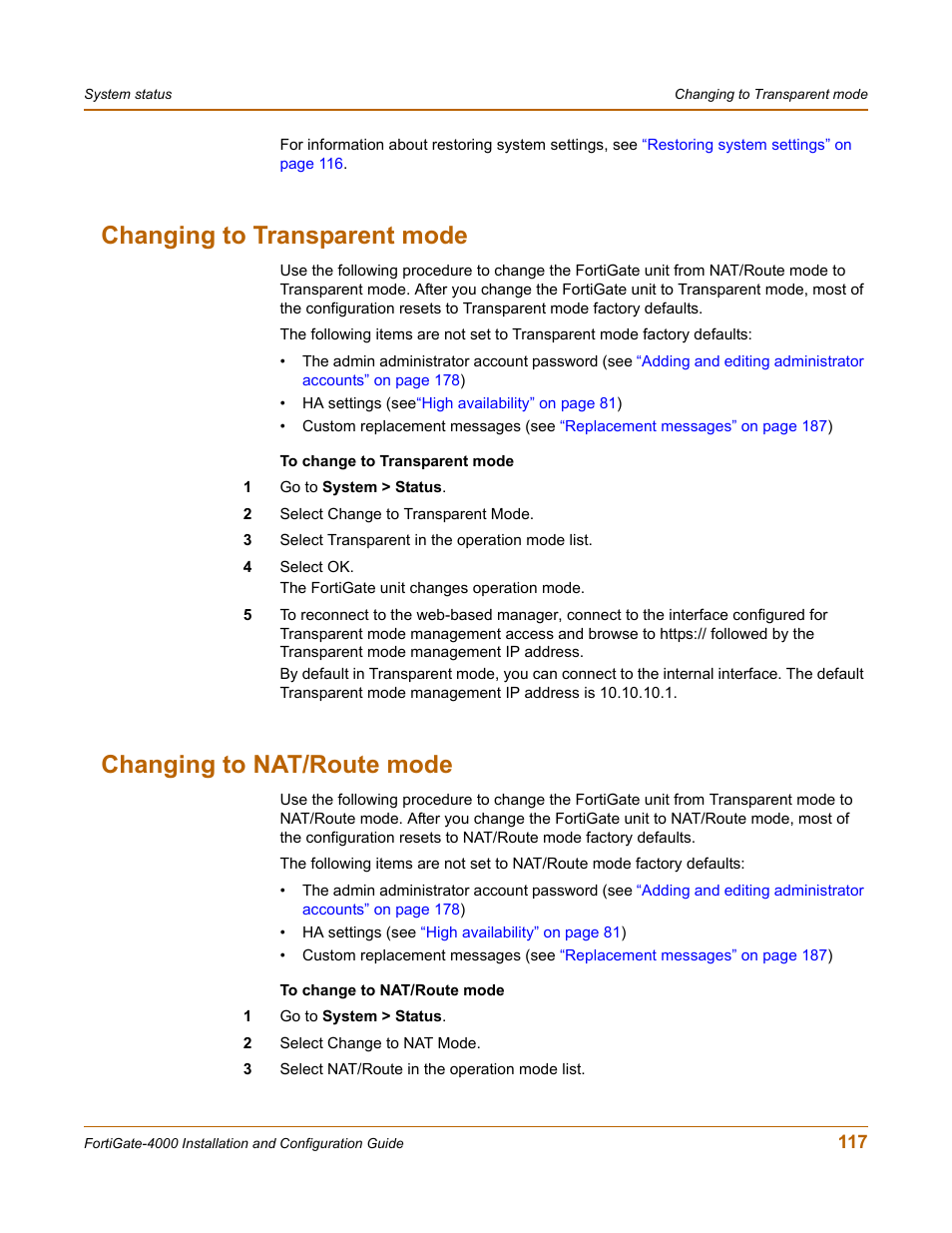 Changing to transparent mode, Changing to nat/route mode | Fortinet FortiGate 4000 User Manual | Page 117 / 332