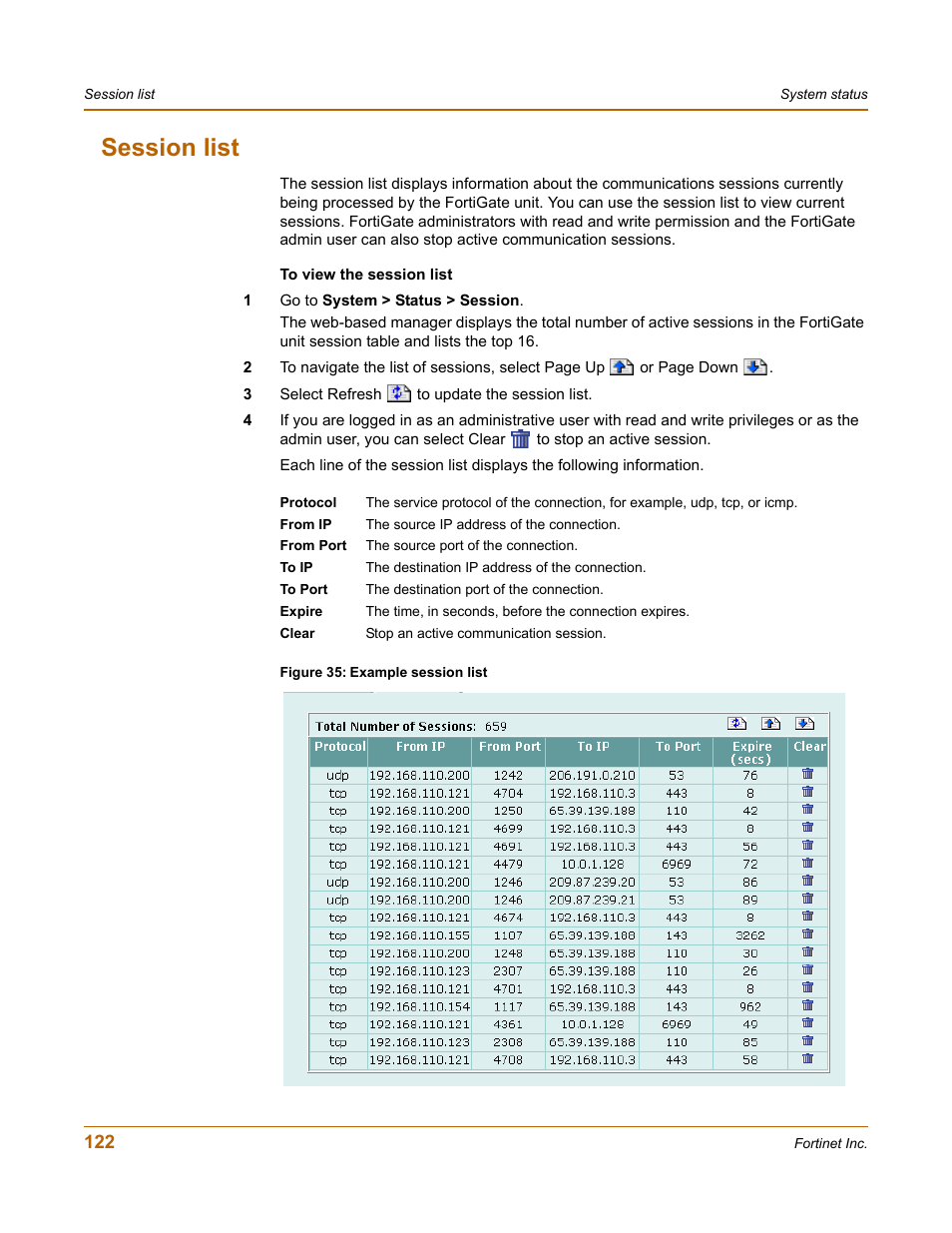 Session list | Fortinet FortiGate 4000 User Manual | Page 122 / 332