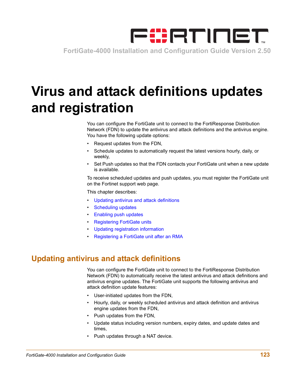 Updating antivirus and attack definitions, Updating | Fortinet FortiGate 4000 User Manual | Page 123 / 332