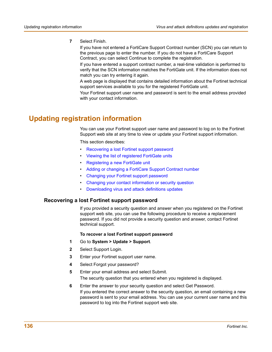 Updating registration information, Recovering a lost fortinet support password | Fortinet FortiGate 4000 User Manual | Page 136 / 332