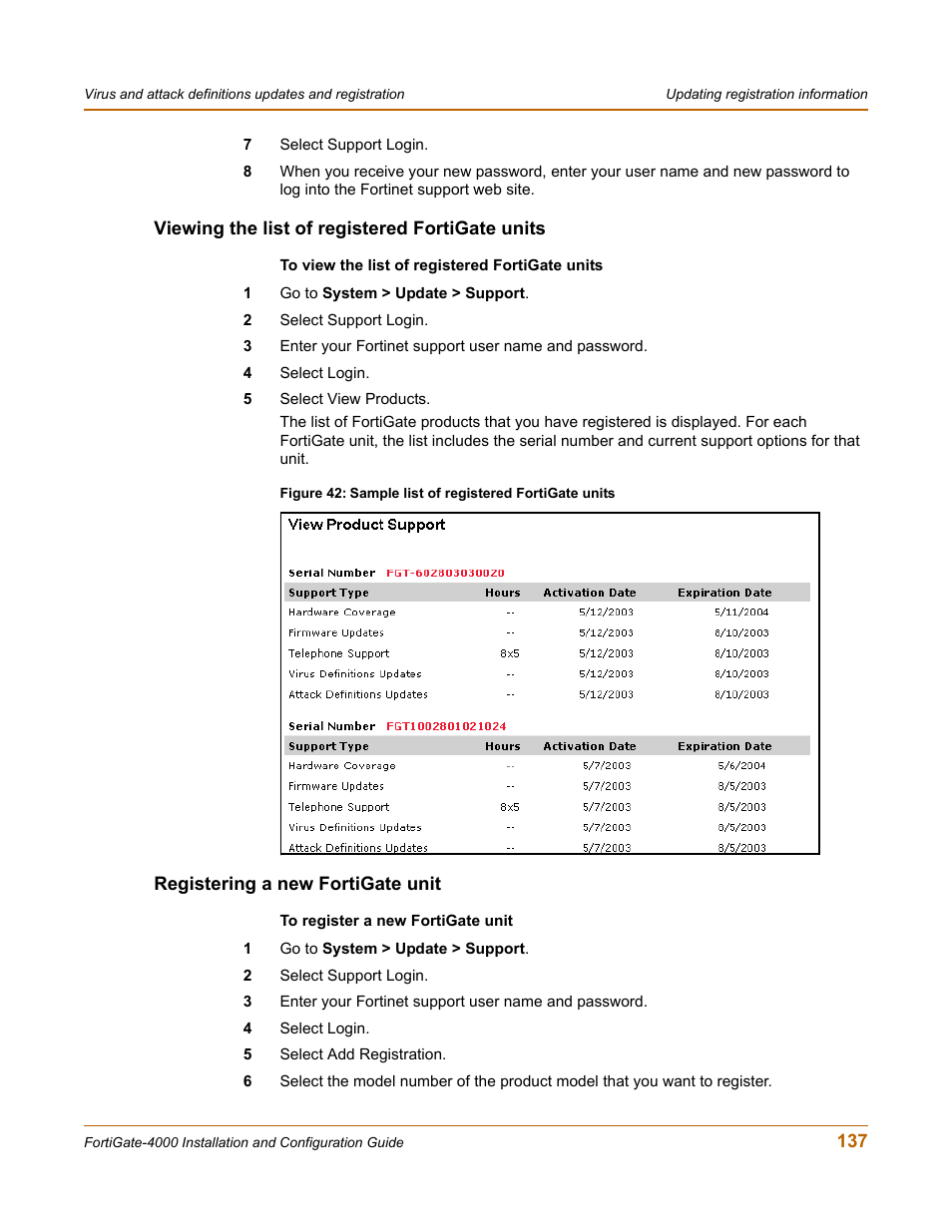 Viewing the list of registered fortigate units, Registering a new fortigate unit | Fortinet FortiGate 4000 User Manual | Page 137 / 332